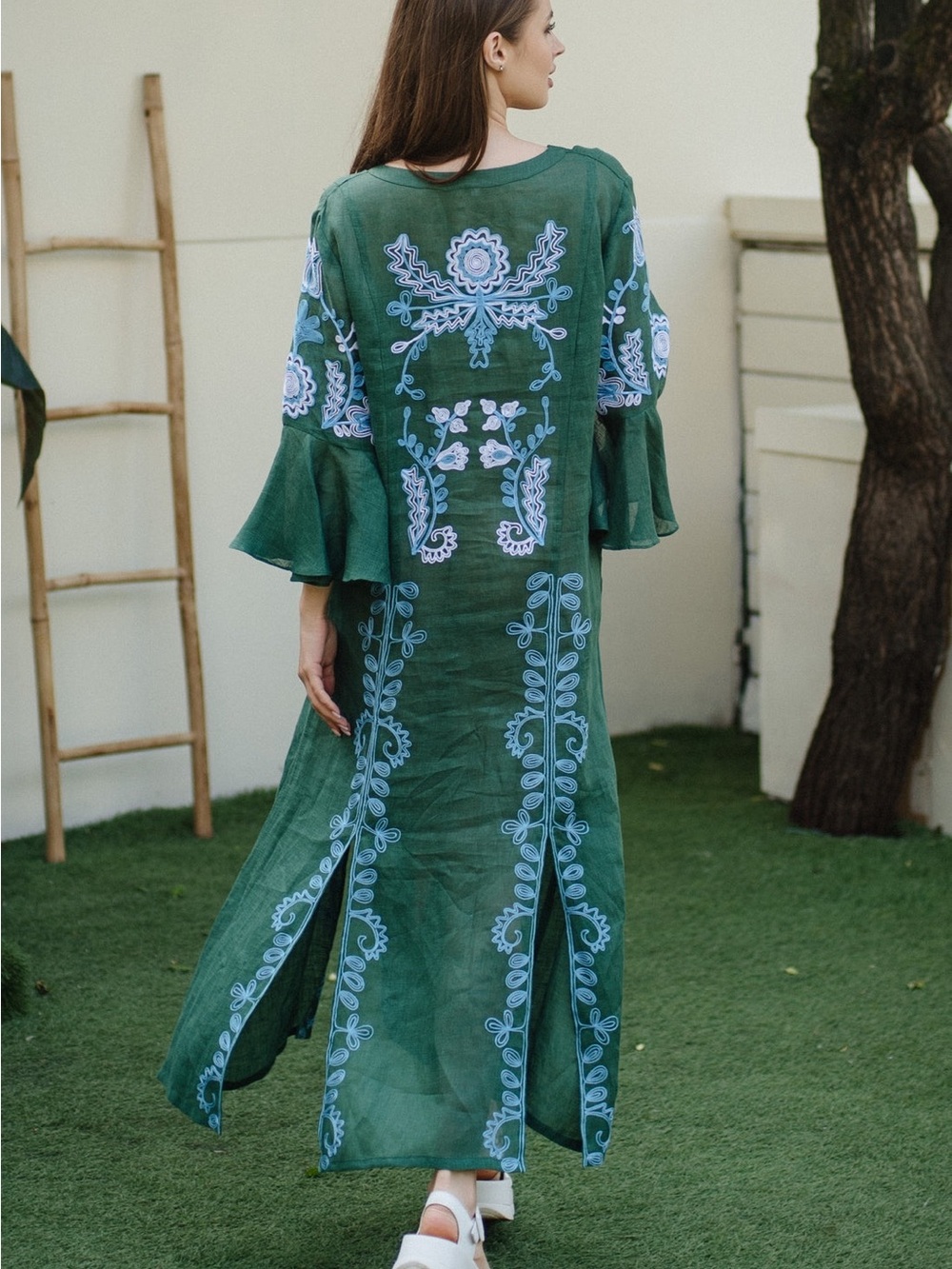 March 11 Dress Womens Large Green Floral Embroidered Linen Maxi Annabell - Picture 3 of 14
